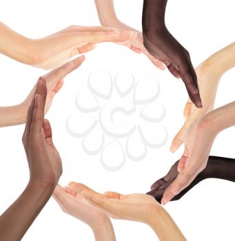 Conceptual symbol of multiracial human hands making a circle on white background with a copy space in the middle