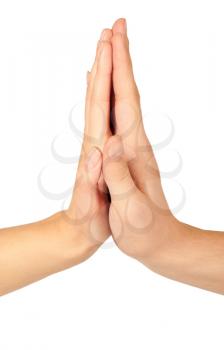 Two hands giving each other a High Five on white background