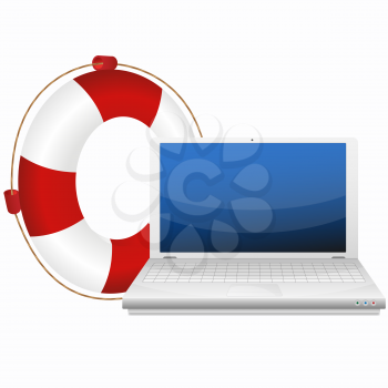 Royalty Free Clipart Image of a Laptop and a Life Preserver