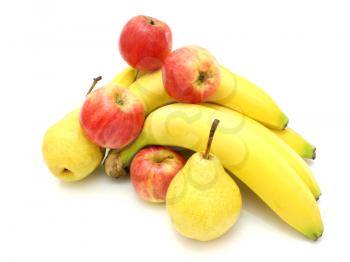Yellow bananas apples and pears a still-life on a white background