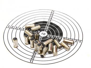 Cartridges 9?? for a pistol on a target separately on a white background