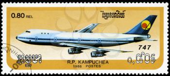 CAMBODIA - CIRCA 1986: stamp printed by Cambodia, shows airplane Boeing 747, circa 1986.