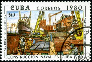 CUBA - CIRCA 1980: A stamp printed in Cuba shows image shipyard from series Constructing of ships on Cuba, circa 1980
