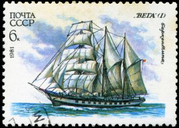 USSR- CIRCA 1981: a stamp printed by USSR, shows  russian sailing barquentine   Vega (1), series, circa 1981.