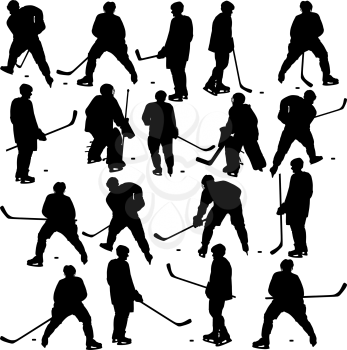 Set of silhouettes of hockey player. Isolated on white. Vector  illustrations.