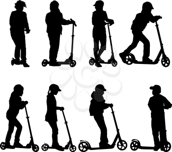 Set of silhouettes of children riding on scooters. Vector illustration.
