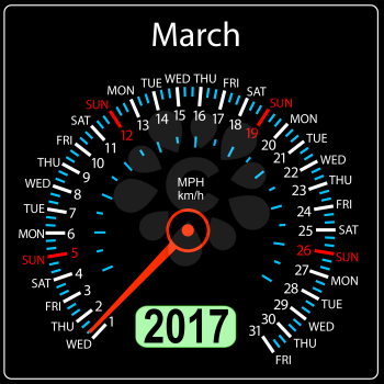 year 2017 calendar speedometer car in vector. March.