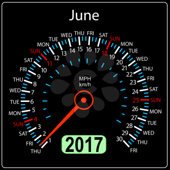 year 2017 calendar speedometer car in vector. June.