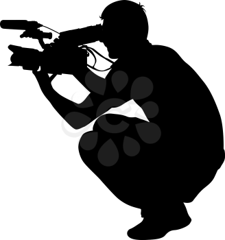 Cameraman with video camera. Silhouettes on white background. Vector illustration.