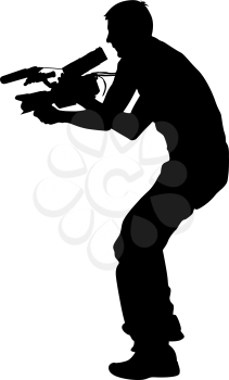 Cameraman with video camera. Silhouettes on white background. Vector illustration.