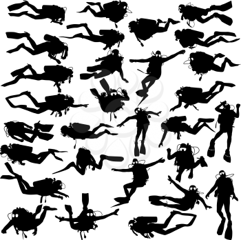 Set black silhouette scuba divers. Vector illustration.