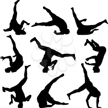 Set Black Silhouettes breakdancer on a white background.