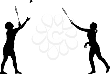 Black silhouette of female badminton player on white background.