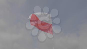 Poland flag on the flagpole waving in the wind against a blue sky with clouds. Slow motion.