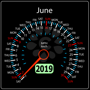The 2019 year calendar speedometer a car June.