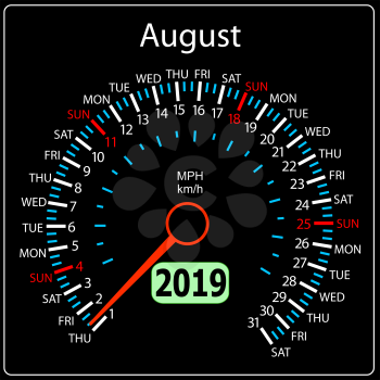 The 2019 year calendar speedometer a car August.