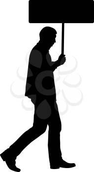 Black silhouettes of man with banner on white background.