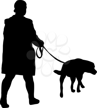 Silhouette of woman and dog on a white background.