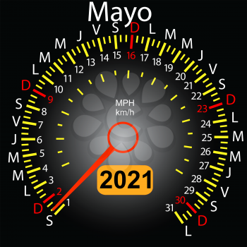 2021 year calendar speedometer car in Spanish May.
