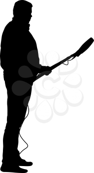 Sound engineer with a microphone in his hand. Silhouettes on white background.