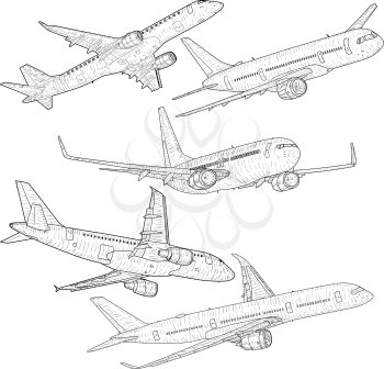 Set silhouette passenger aircraft on a white background.