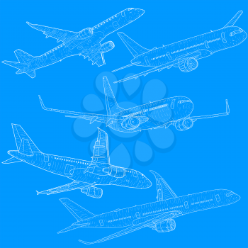 Set silhouette passenger aircraft on a blue background.