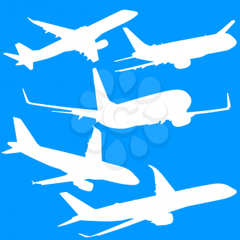 Set silhouette passenger aircraft on a blue background.