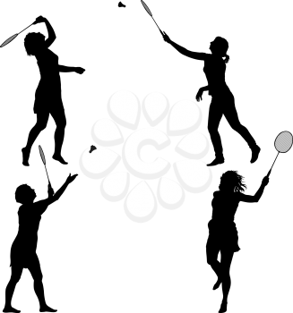 Black set silhouette of female badminton player on white background.