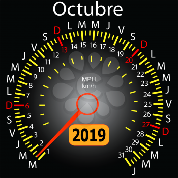 2019 year calendar speedometer car in Spanish October.