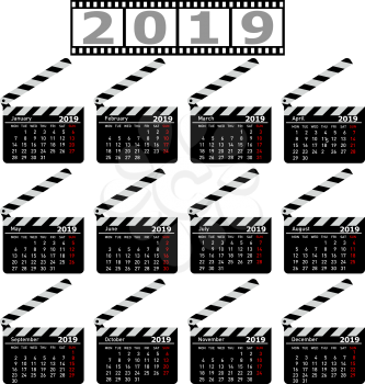 Calendar for 2019, movie clapper board on a white background.