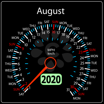 The 2020 year calendar speedometer a car August.