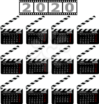 Calendar for 2020, movie clapper board on a white background.