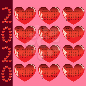 Stylish calendar with red hearts for 2020.