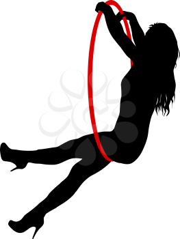 Silhouette woman doing some acrobatic elements aerial hoop on a white background.
