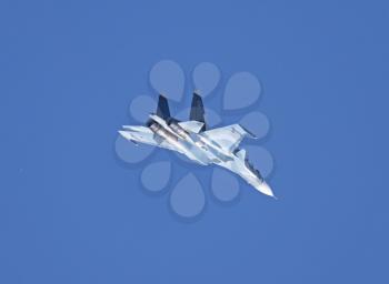 Moscow Russia Zhukovsky Airfield 31 August 2019: aerobatic Su-30 perfoming demonstration flight of the international aerospace salon MAKS-2019.