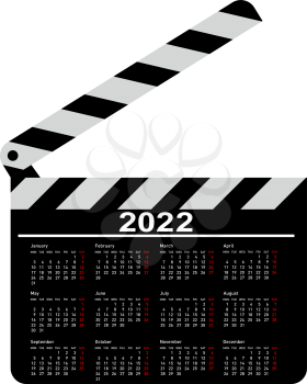 Calendar for 2022, movie clapper board on a white background.