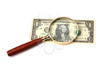 hand magnifier over banknote isolated on white background