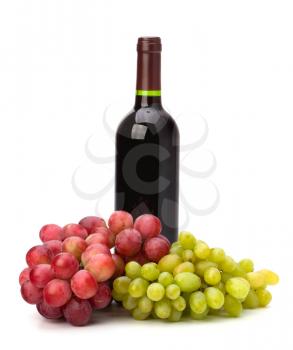 Full red wine bottle and grapes isolated on white background