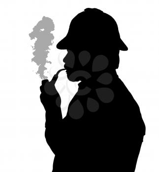 Silhouette of a bearded man smoking pipe with Sherlock hat thinking