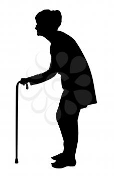 Silhouette of an Elderly woman with bent back walking with cane