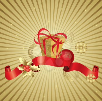 Royalty Free Clipart Image of a Background With a Gift, Holly and a Ribbon