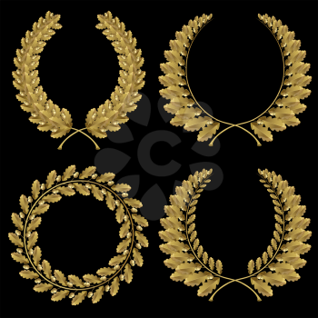 Set from  gold oak wreath on the black background 