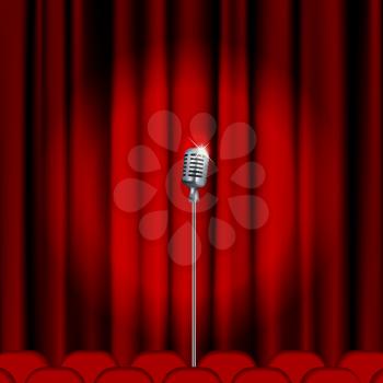 Theater stage  with microphone and red curtain. Clipping Mask. Mesh.
