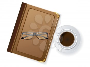 Royalty Free Clipart Image of a Cup of Coffee, Notebook and Glasses