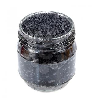 caviar black in a glass jar with lemon and parsley isolated on white background