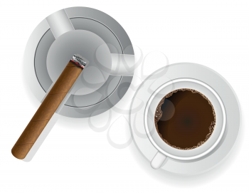 burning cigar in an ashtray and coffee vector illustration isolated on white background