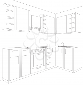Royalty Free Clipart Image of a Draft of a Kitchen