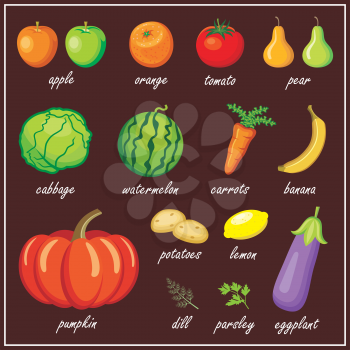 Image set of fruits and vegetables on a brown background.