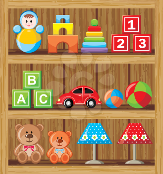 Image of a set of children's toys on wooden shelves.