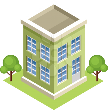 Image isometric apartment house, standing on the grass. Vector illustration